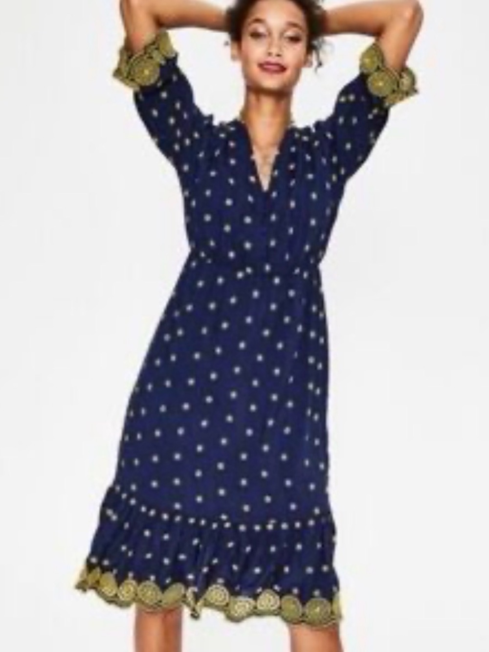 Boden Classic Navy Polka Dot Midi Dress with Contrast Trim